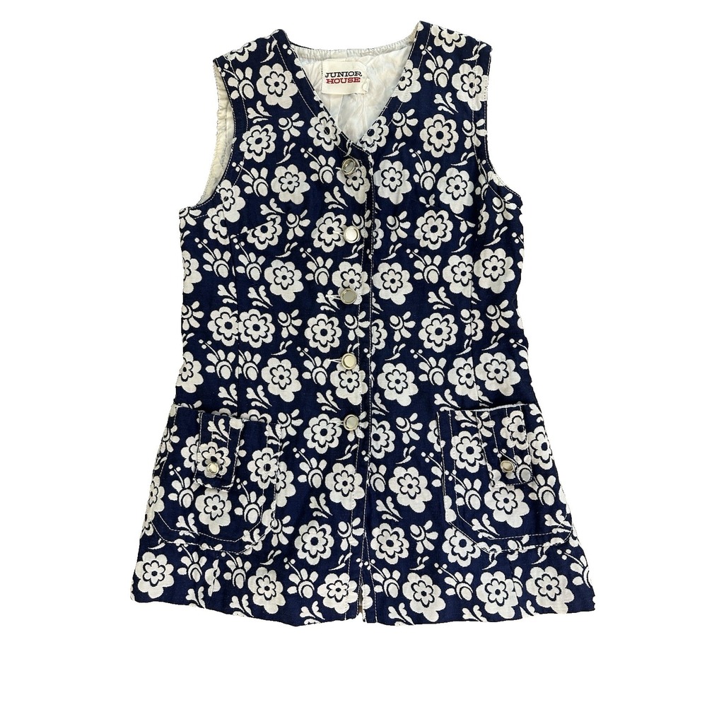 Junior House Vintage 1970s Dress Top Navy Blue Flower Silver Buttons